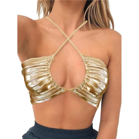 Metallic Sequin Crop Top – Festival, Rave, Disco & Party Tie-Front Tank - Picture 1 of 4
